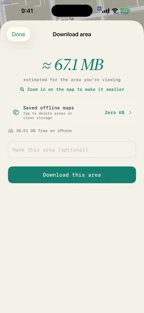 Downloading an offline map area for use with no signal