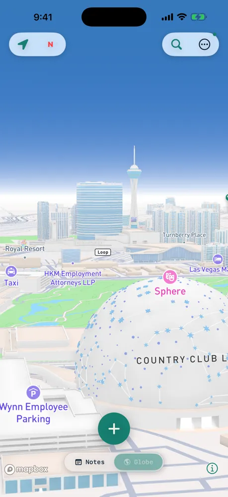 The GeoJSONic 3D globe rendering a real landmark, the Sphere in Las Vegas
