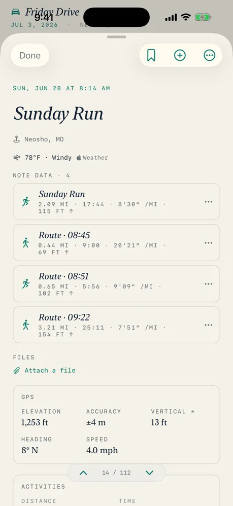 A note's full detail view in GeoJSONic, with weather, GPS data, and recorded activities