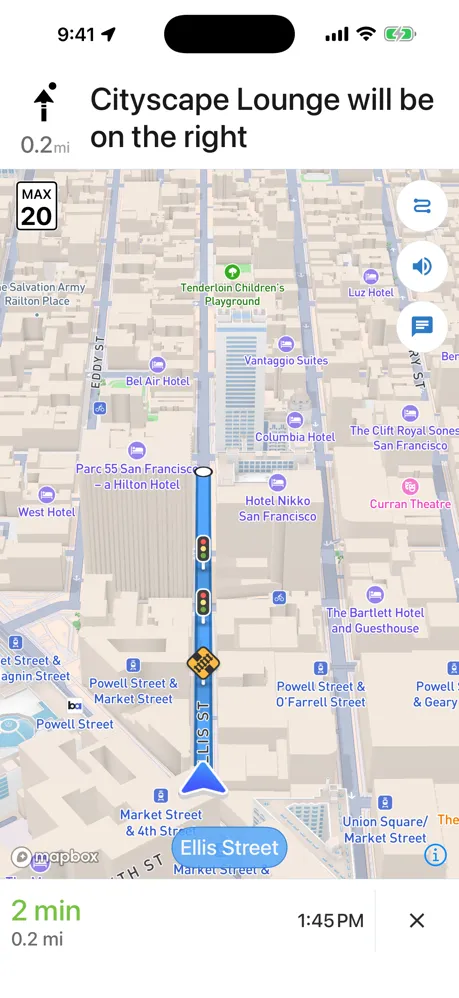 Turn-by-turn navigation in GeoJSONic, with lane guidance and a live speed limit