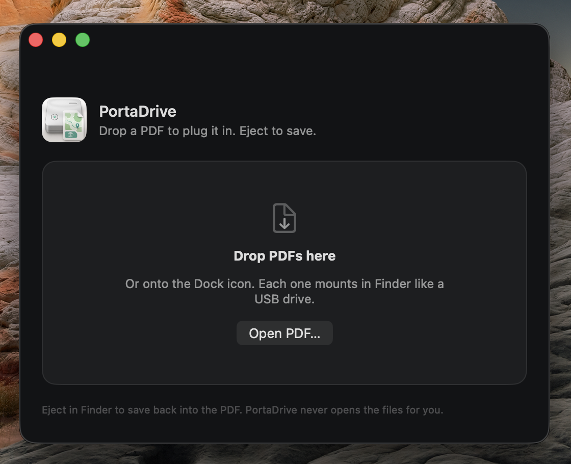 The PortaDrive window after a PDF is dropped. The drive is connected and ready to eject.