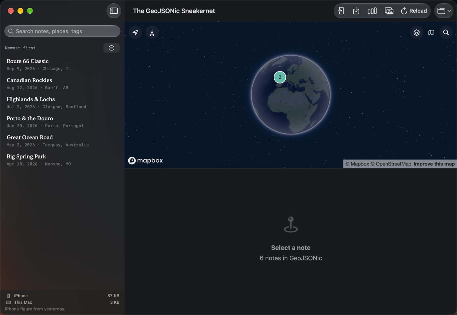 The GeoJSONic Sneakernet window. Notes from a journal sit on a globe, with Route 66 Classic, the Canadian Rockies, and Big Spring Park in the list.