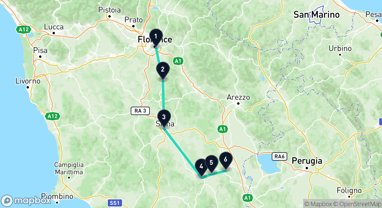 Map of the Tuscan Hill Towns itinerary